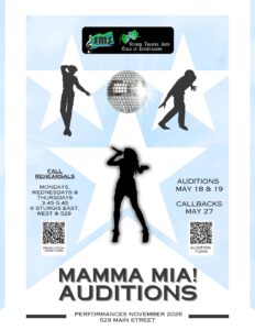 Flier for Auditions for Moma Mia!